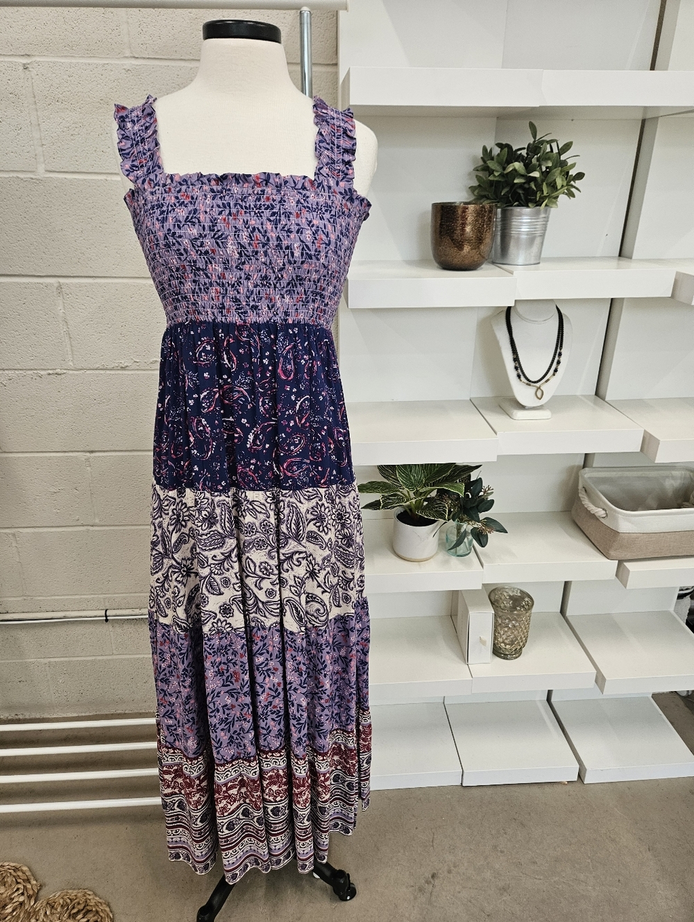 Purple Patchwork Print Tiered Maxi Dress